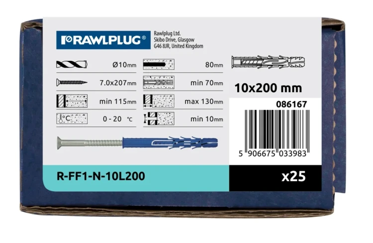 Kołek ramowy z ocynkowanym wkrętem z łbem stożkowym R-FF1 10x200 mm